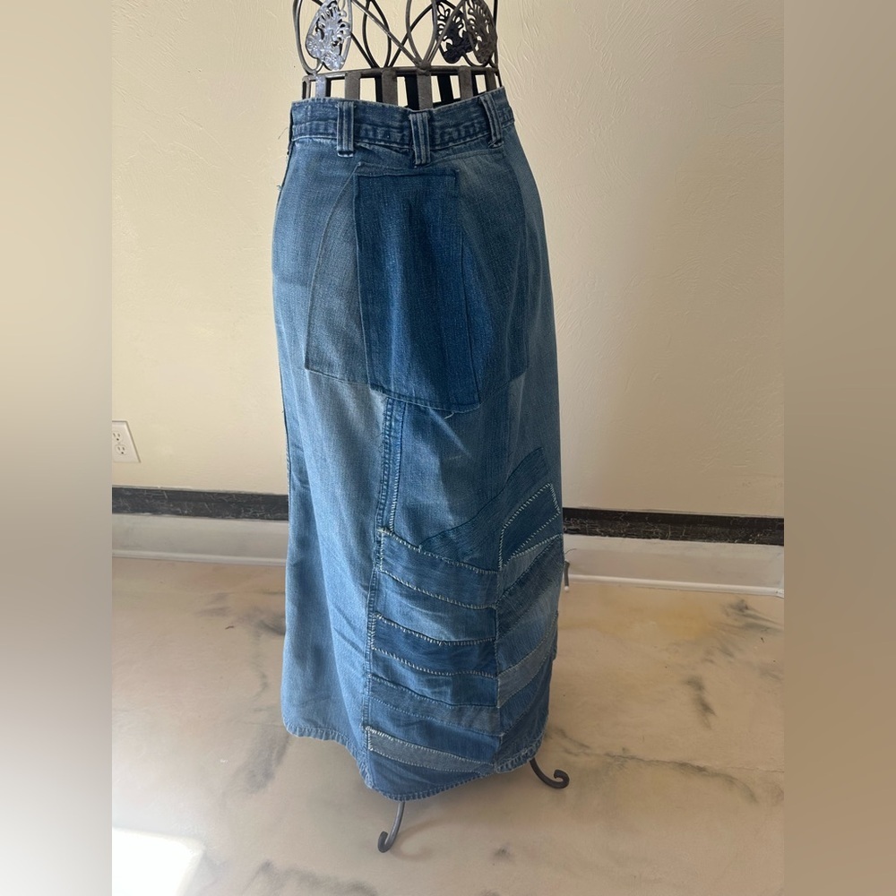 Vintage L.A.P.D. California Denim Skirt | Patchwork Chevron | Upcycled Boho Midi - Picture 10 of 10